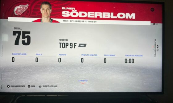 Soderblom was just added to NHL23 today. Here’s his opening stats: