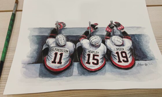 As requested by my Sens fans, Here’s my latest watercolour sketch of the Pizza 🍕 line! Alfredsson, Heatly & Spezza! Which iconic line should I paint next? 🏒