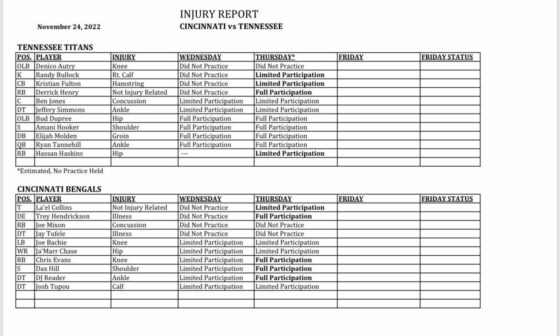Week 12 Thanksgiving (estimated) Injury Report