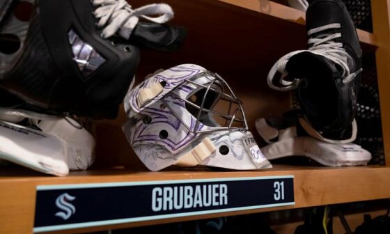 [Auction Item] JUST LAUNCHED in celebration of Hockey Fights Cancer month: Grubauer's custom designed mask is in honor of his grandmothers. Auction runs all month long! Link to the auction is at the bottom of the article.