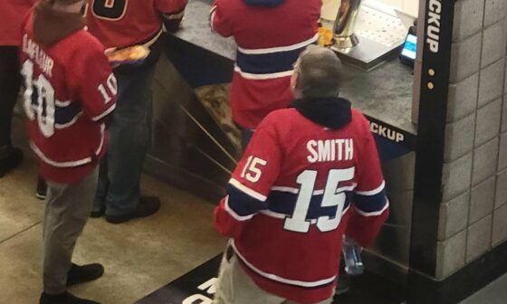 My dad and I always come to the Saddledome for the Habs game and play "Most obscure Habs jersey". So far Bobby Smith is winning. Last year's winner was Benoit Brunet