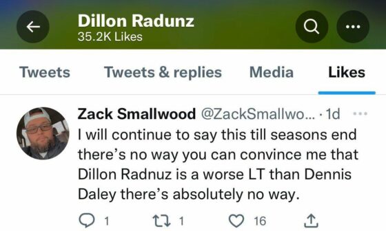 Dillon Radunz is liking tweets questioning Daley playing over Radunz.