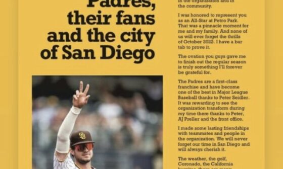 [Heilbrunn] From Maggie Myers on Instagram, saying it was important for Wil to get an ad in the paper to thank Padres fans since he’s “not a social media guy” … next order of business was stalking out the Chick-fil-A’s in Cincy 😂