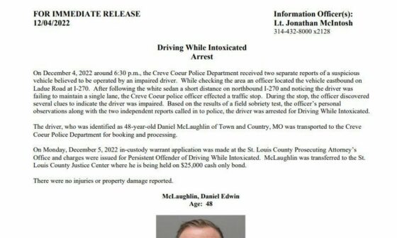 Cardinals broadcaster Dan McLaughlin arrested, charged with DWI-Persistent which is a Felony.