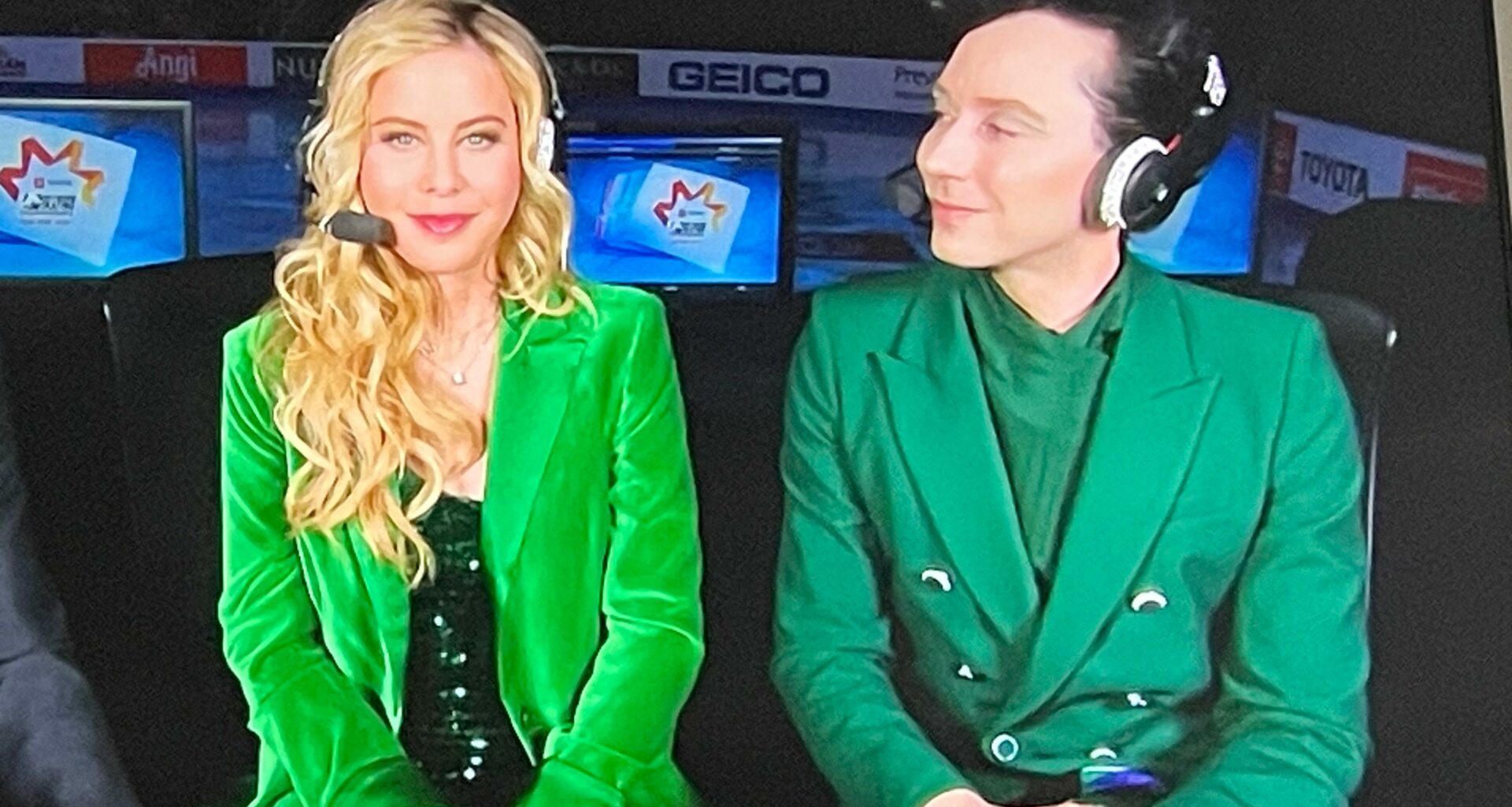 Philadelphians Johnny Weir and Tara Lipinski supporting the Eagles at USFS Nationals in San Jose