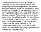 [Pelissero] Expanded quote from new #Cardinals GM Monti Ossenfort on what the organization will look like under his leadership, as the search for a new head coach begins