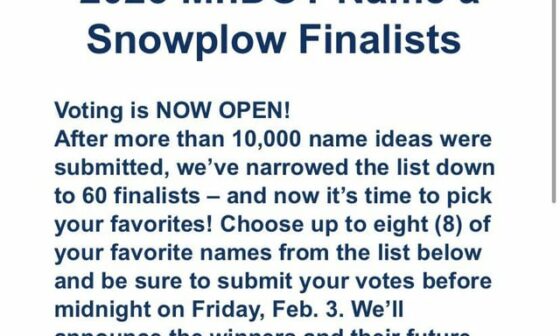 Out of 10,000 submissions to the MNDOT snowplow contest, mine was one of the 60 finalists selected. Skoldiers— please vote for a snowplow this year named SKOLPlow! Only fitting after the fun season we had. Link in captions and comments.
