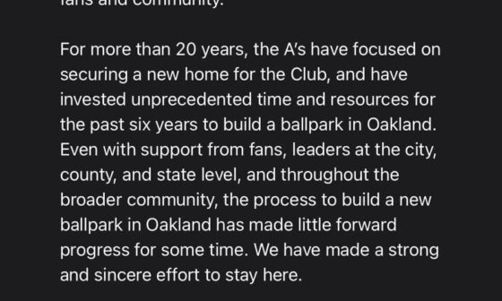 Oakland Athletics president Dave Kaval released the following statement about their agreement to purchase a ballpark site in Las Vegas.