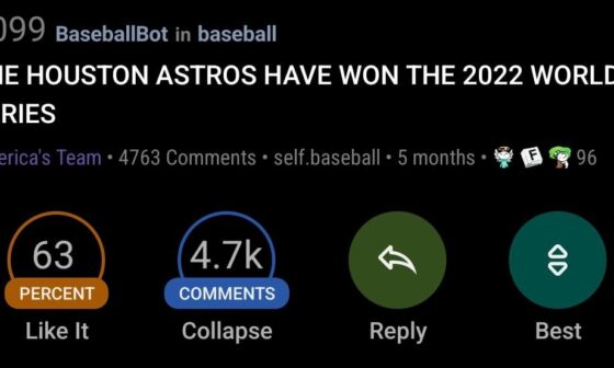Let the hate fuel you. /r/baseball's response to an Astros World Series Win vs a random game in April