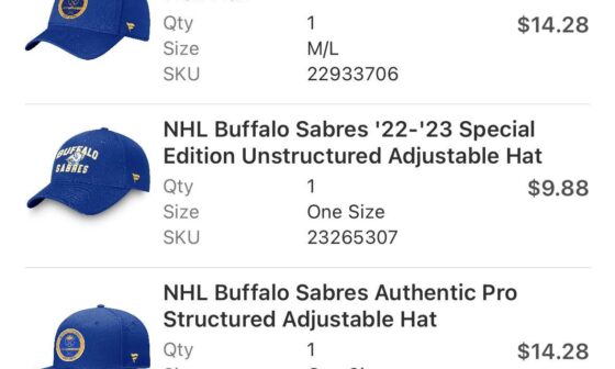 Dick's is having an amazing sale on some cool past season Sabres hats. Couldn't pass that up for the price.