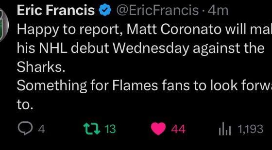 Matt Coronato will be making his NHL debut tomorrow!
