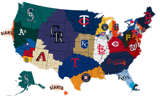 MLB Team Map - based on latitude/longtitude proximity of the cities represented (V.2 !)