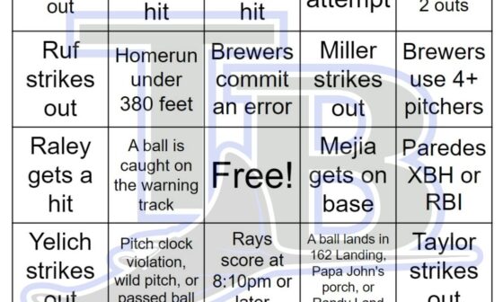 Rays vs Brewers Bingo, 5/19/2023