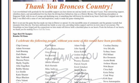 [Klis] Brandon McManus takes out full page ad in Sunday Denver Post thanking more than 150 staff. Classy.