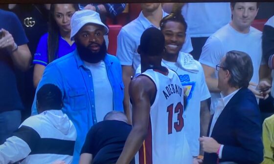 Christian Wilkins and Jalen Ramsey greeted by Bam Adebayo after eliminating the Knicks from the NBA playoffs tonight in Miami.