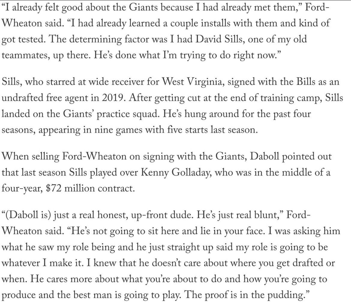 [Duggan] “Always enjoy getting to know the Giants' undrafted free agent class. This year's group is highlighted by a wide receiver (Bryce Ford-Wheaton) who turned down offers directly from Pete Carroll and Nick Sirianni because of ... David Sills?”
