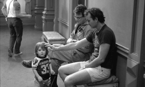 Dan Aykroyd and Bill Murray with Bill’s son Homer on the set of Ghostbusters (1984)