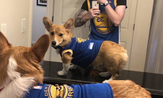 My Son Providing Additional Corg Power for the Dubs Tonight
