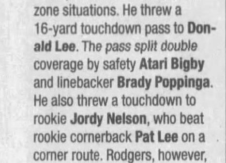 Compared to Jordan Love during OTAs in 2023: “Some of what Aaron Rodgers did during OTAs during his first offseason as a starter. Also, hi @RobDemovsky in this Green Bay Press-Gazette clipping from May 30, 2008.” [Per @JonMeerdink via Twitter]