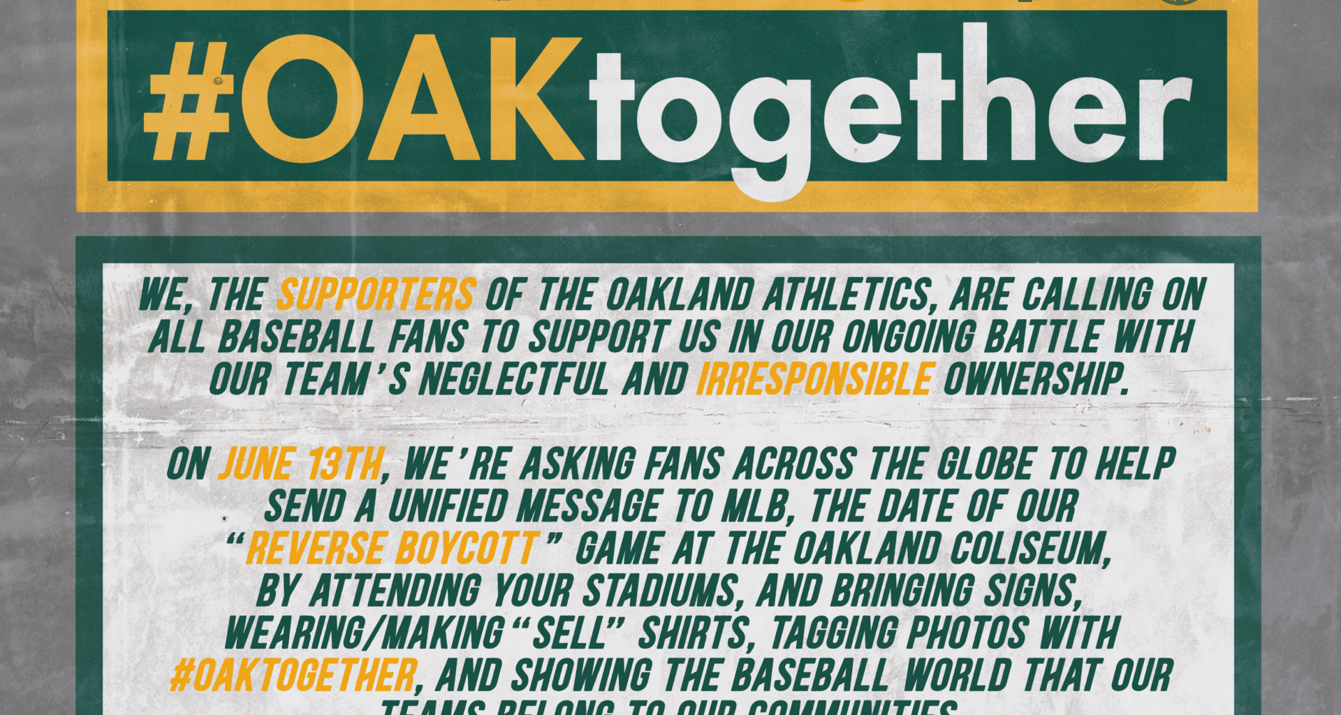 Show solidarity with Oakland A's fans this Tuesday June 13! #OAKtogether