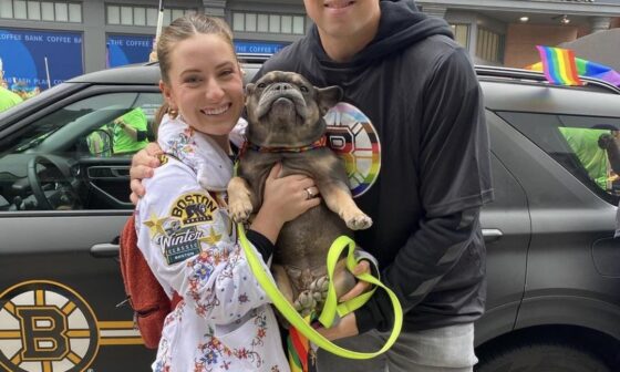 Mac, his fiancée Kiley, and doggo Otto showing their support for the LGBTQ community