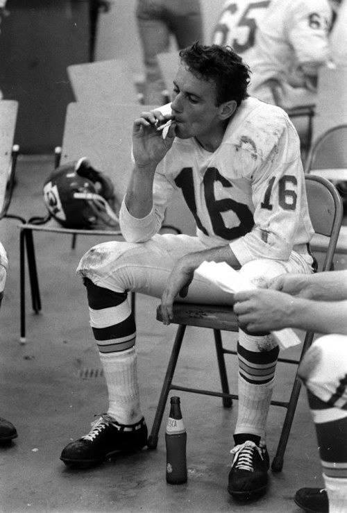 Kansas City Chiefs Len Dawson enjoys a Fresca & a cigarette during halftime of the first Super Bowl.