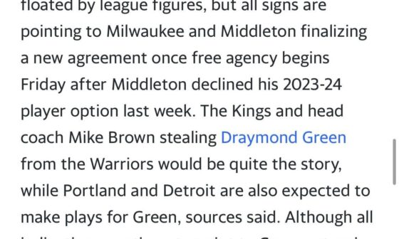 Jake Fischer: All signs are pointing to Milwaukee and Middleton finalizing a new agreement once free agency begins.