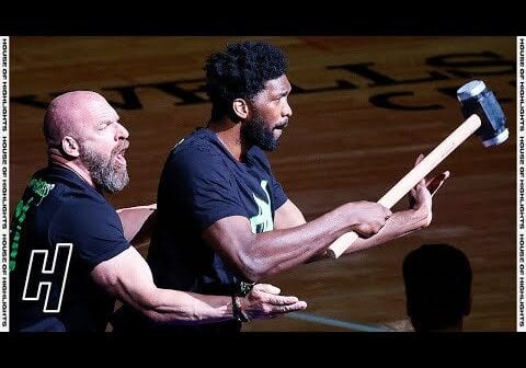 Before a very important 2021 playoff series, Joel Embiid has some fun! Triple H Rings the Bell Before the Hawks vs 76ers Game 1 | 2021 NBA Playoffs