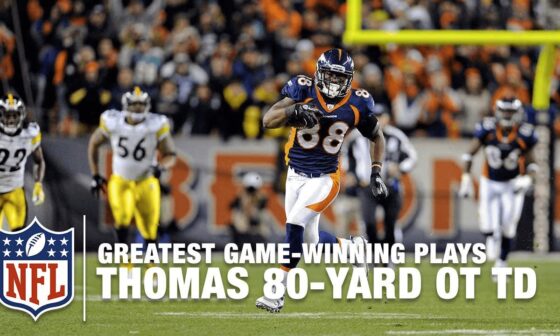 [Highlight] Today marks 80 days until the Broncos 2023 Season starts! Let's remember when WR Demaryius Thomas had an 80 yard overtime touchdown against the Steelers in the 2012 Playoffs. Broncos won in overtime on the first play! R.I.P DT