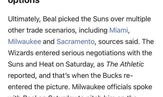 Shams specifically mentions that Beal used his NTC and chose the Suns over Heat. I’m not blaming Pat on this one. We move.