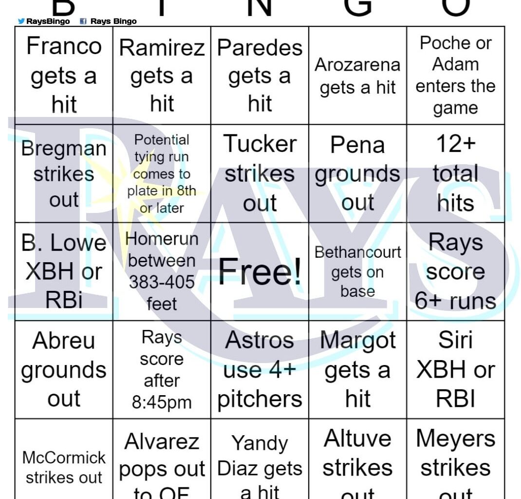 Rays vs Astros Bingo, 7/29/2023