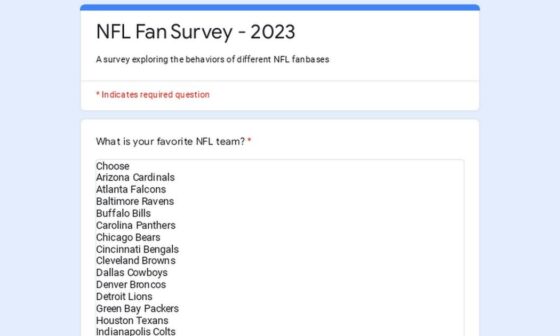 Surveying NFL fans on spending and viewing habits relating to their favorite team/updating data on similar questions from 2 yrs ago. Just 14 questions. Mods please remove if not allowed here.