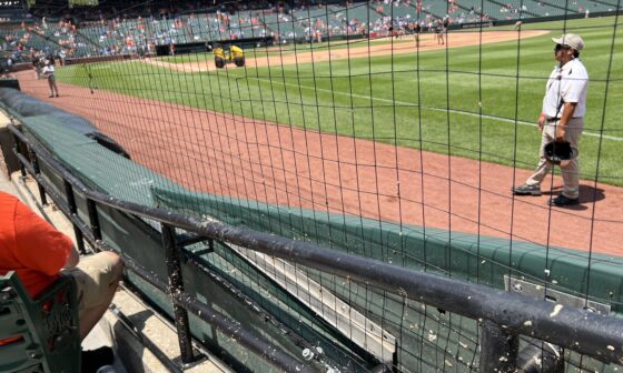 Last second ticket for today’s game in Camden Yards. In the front row looking down the line in Dodger dugout. Cheap ticket.