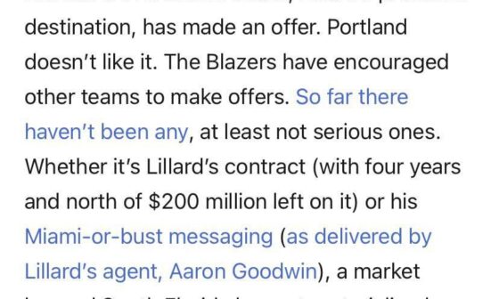 “The Blazers have encouraged other teams to make offers [for Dame]. So far there haven’t been any, at least not serious ones. Whether it’s Lillard’s contract or his Miami-or-bust messaging, a market beyond South Florida has not materialized. And the Heat know it” -@SIChrisMannix