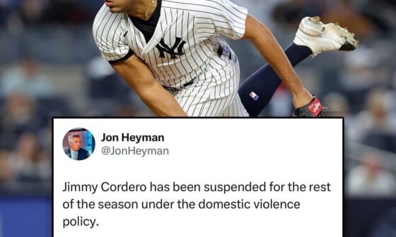 Yankees pitcher Jimmy Cordero has been suspended for the remainder of the season for domestic violence.