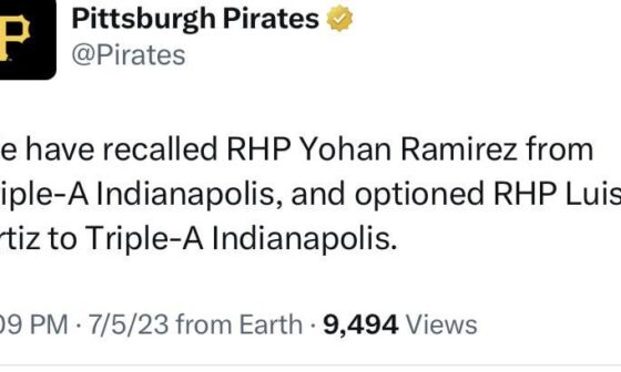 We have recalled RHP Yohan Ramirez from Triple-A Indianapolis, and optioned RHP Luis Ortiz to Triple-A Indianapolis.
