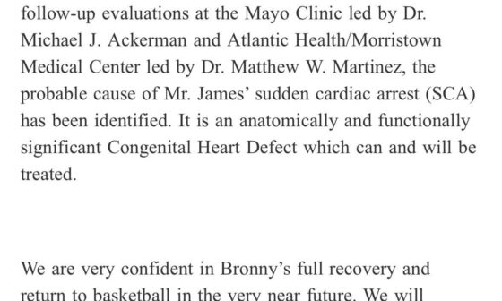 [Charania] Congenital heart defect was the cause of Bronny James’ cardiac arrest on July 24 and there is confidence he will make a full recovery and return to basketball in the very near future, per statement from James family spokesperson.