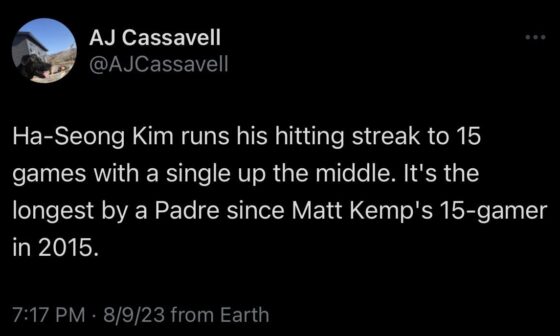 [Cassavell] Ha-Seong Kim runs his hitting streak to 15 games with a single up the middle. It's the longest by a Padre since Matt Kemp's 15-gamer in 2015.