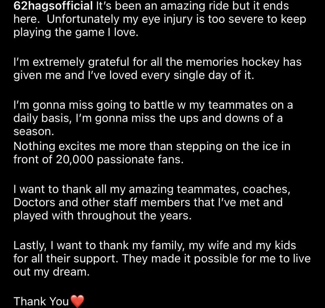 Carl Hagelin retires at 35 due to an eye injury