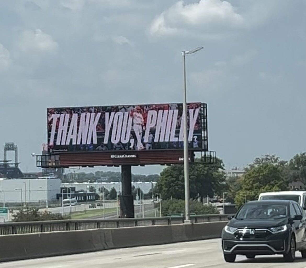 [John Clark] Trea Turner is thanking Phillies fans for the standing ovations this weekend on billboards around Philly. Wow. #CityOfBrotherlyLove