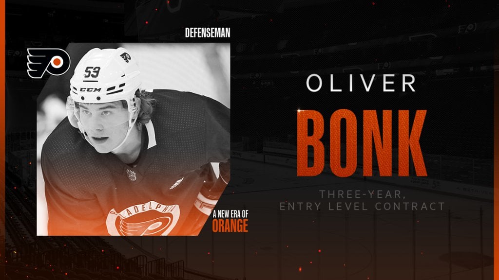 Flyers sign defenseman Oliver Bonk to a three-year, entry-level contract