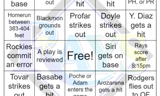 Rays vs Rockies Bingo, 8/22/2023
