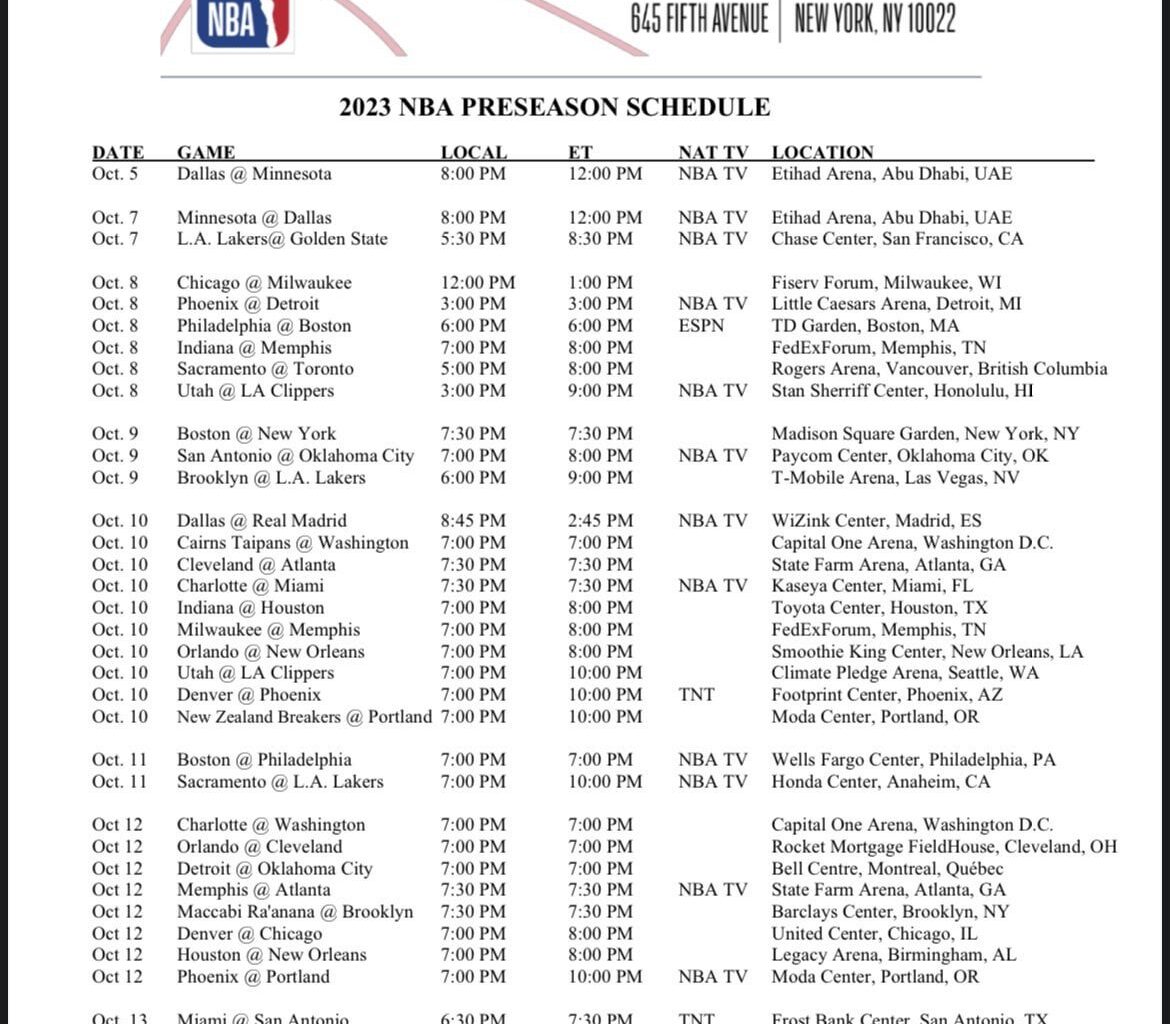 Preseason Schedule announced. Nets have 10/9 @ Lakers, 10/12 vs Macaabi Ra'anana, 10/16 vs Sixers, and 10/18 @ Miami