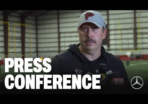 Arthur Smith speaks to media following Atlanta Falcons practice at AT&T Training Camp