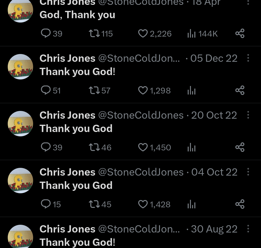 Screenshots of every Chris Jones tweet saying "Thank you God" going back to 2020