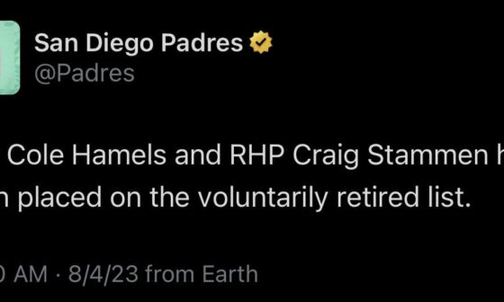 [Padres] LHP Cole Hamels and RHP Craig Stammen have been placed on the voluntarily retired list.