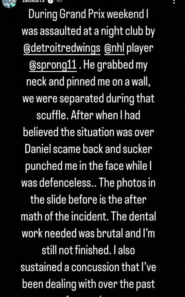 Canadian race car driver Zach Claman DeMelo alleges he was assaulted by Red Wings player Daniel Sprong in an Instagram story post.