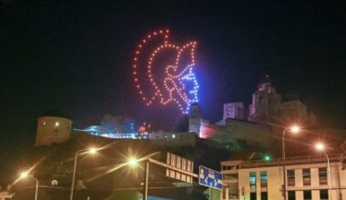 Drone show above Trencin Castle, depicting the logos of all NHL teams that Marian Hossa played for during his career