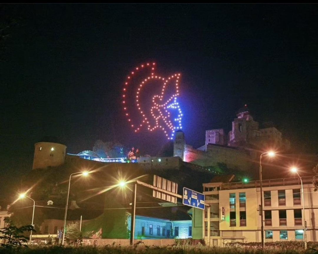 Drone show above Trencin Castle, depicting the logos of all NHL teams that Marian Hossa played for during his career