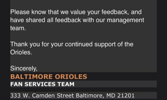 Evasive email from the Orioles Fan Services team in response to complaint about Kevin Brown suspension
